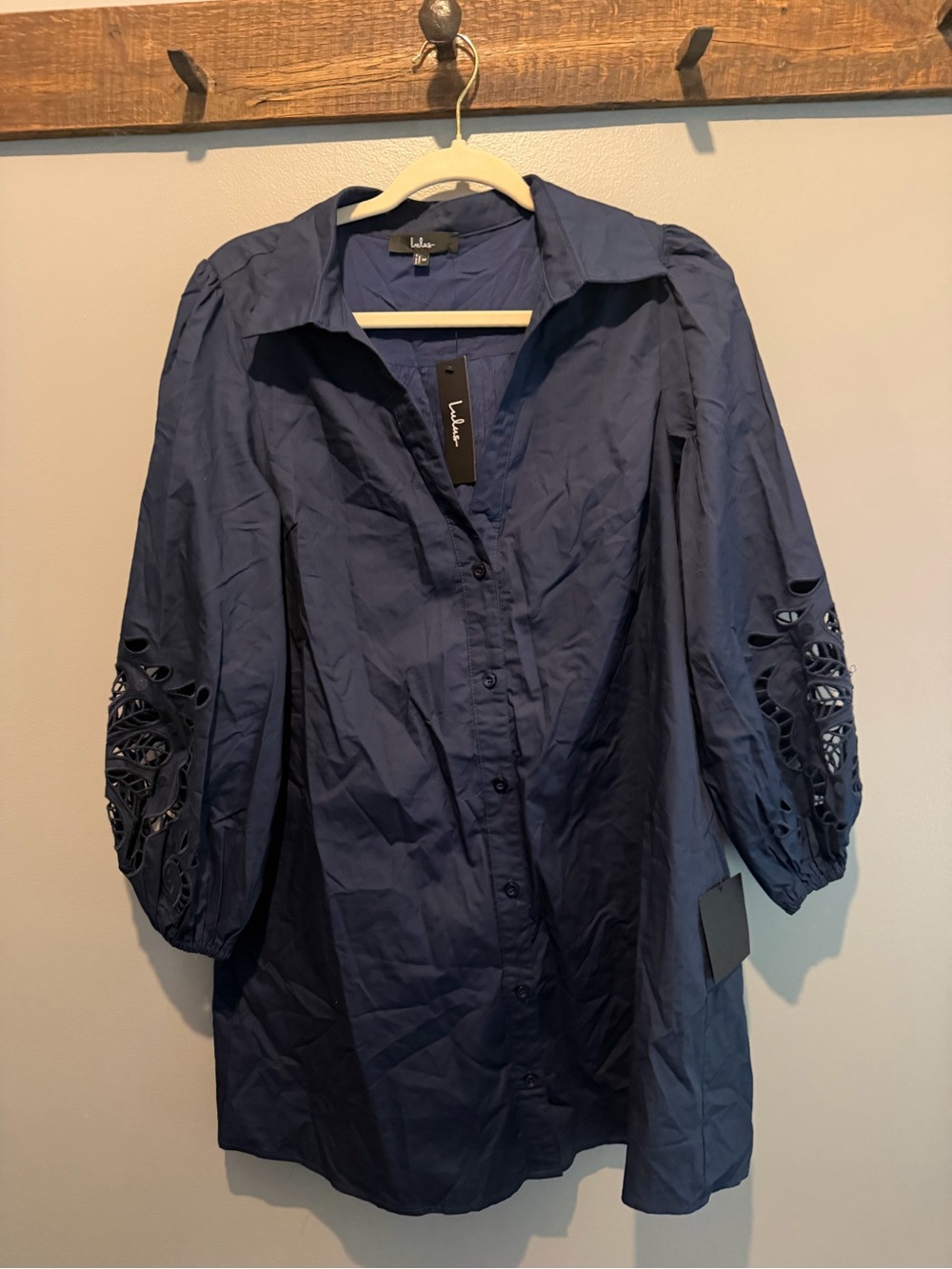 Lulu's Navy Button-Down Shirt with Lace Cutout Sleeves